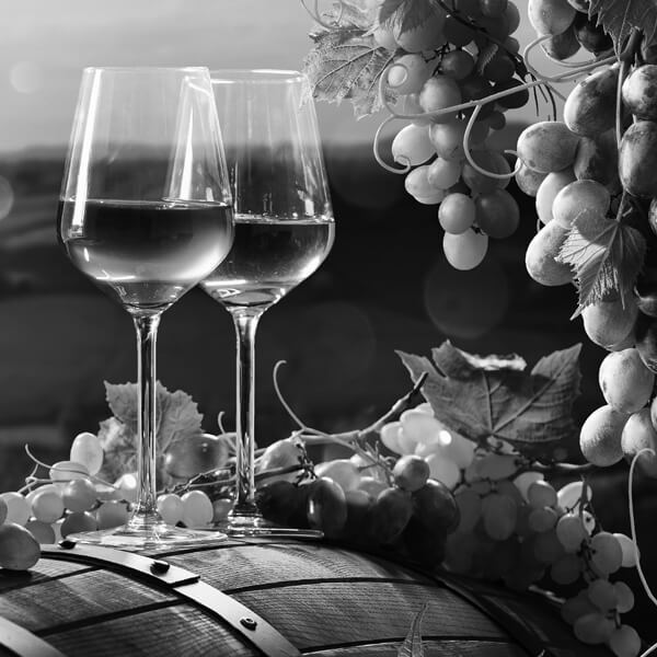 wine glasses on barrel